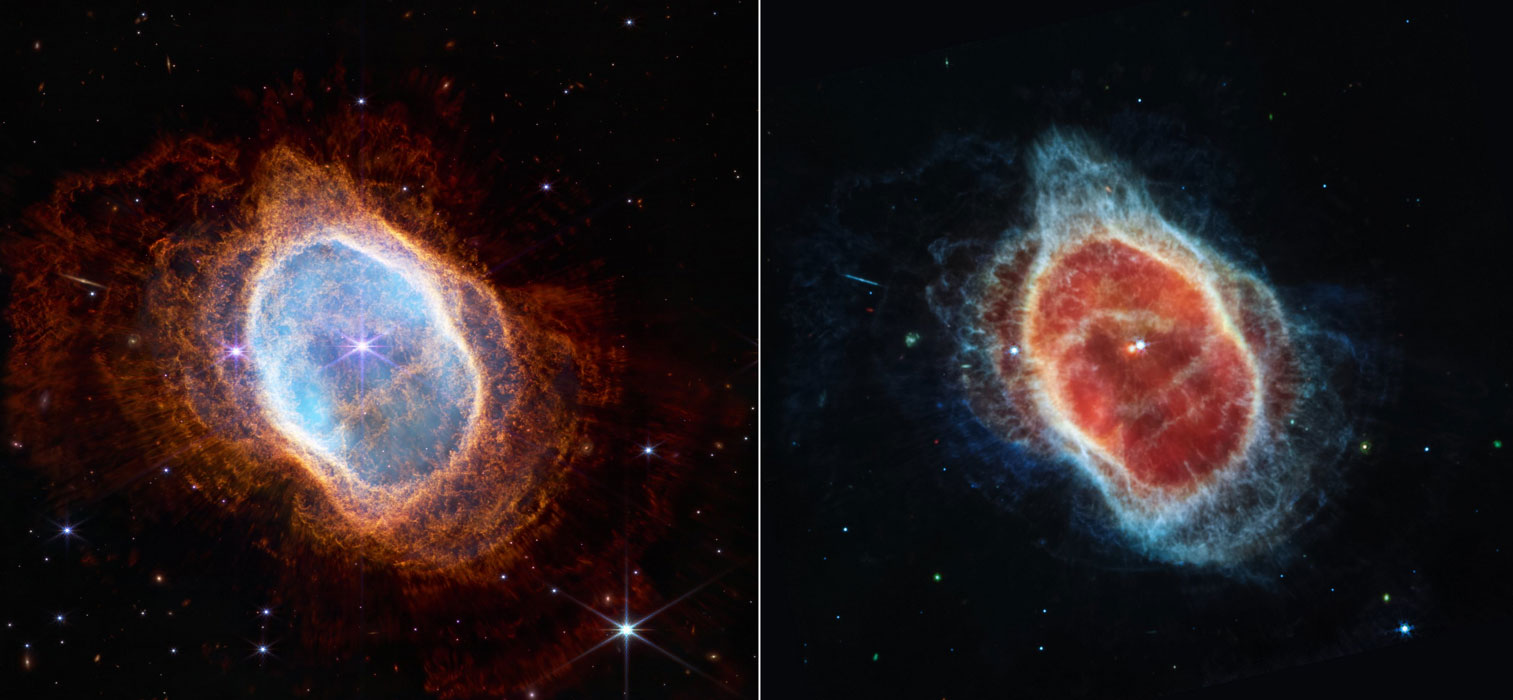 Deux visions de NGC3132 offerte par le JWST. À gauche : une image de l'instrument NIRCam qui voit cette nébuleuse dans l’infrarouge proche. À droite : la même nébuleuse vue par MIRI dans l'infrarouge moyen. Les étoiles attirent plus d'attention dans l'image NIRCam, tandis que la poussière incandescente joue le rôle principal dans l'image MIRI. Dans des milliers d'années, ces couches gazeuses délicates se dissiperont dans l'espace. © Nasa/ESA/ASC/STScI