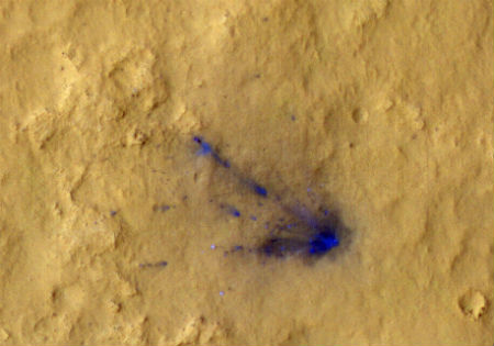 Impact de la Skycrane sur Mars. Crédit : Nasa/JPL/University of Arizona