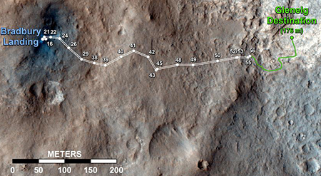 Parcours de Curiosity dbut octobre 2012. Crdit : NASA/JPL-Caltech/Univ. of Arizona