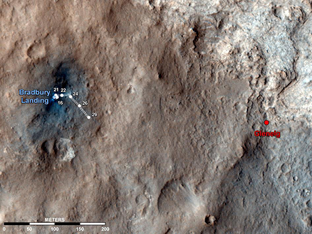 Curiosity progresse vers le Sud Est, en direction de Glenelg. L'image a t acquise le 2 septembre, par la camra embarque de MRO: HiRise.