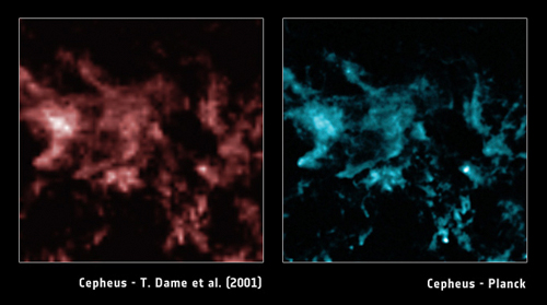 Le nuage de Céphée observé en 2001 et par Planck en 2012. Crédit : ESA/Planck Collaboration
