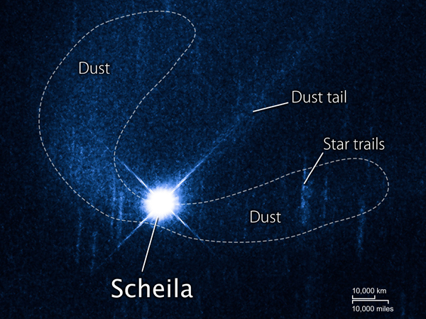 Le nuage et la queue de poussière (tail) de l'astéroïde Scheila vus par Hubble le 27 décembre 2010, quelques jours avant qu'ils ne disparaissent. Crédit : NASA/ESA/UCLA 