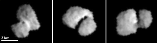 "Chury" vue à 5500 km de distance. Les trois images ont été prise à deux heures d'intervalle. Crédit : ESA/Rosetta/MPS for OSIRIS Team MPS/UPD/LAM/IAA/SSO/INTA/UPM/DASP/IDA 