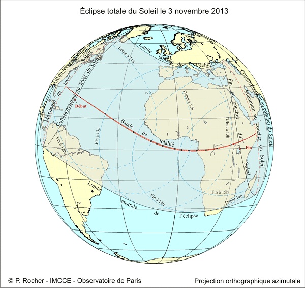La trajectoire de l'éclipse du 3 novembre 2013. Crédit : P. Rocher/IMCCE/Observatoire de Paris