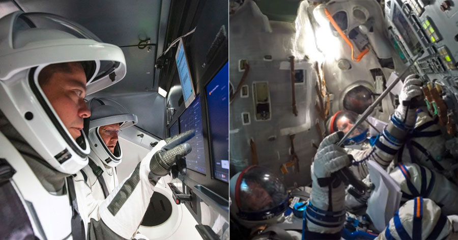 Comparaison entre l'intérieur du Crew Dragon (à gauche) et du Soyouz (à droite), deux vaisseaux spatiaux conçus à 50 ans d’écart.
