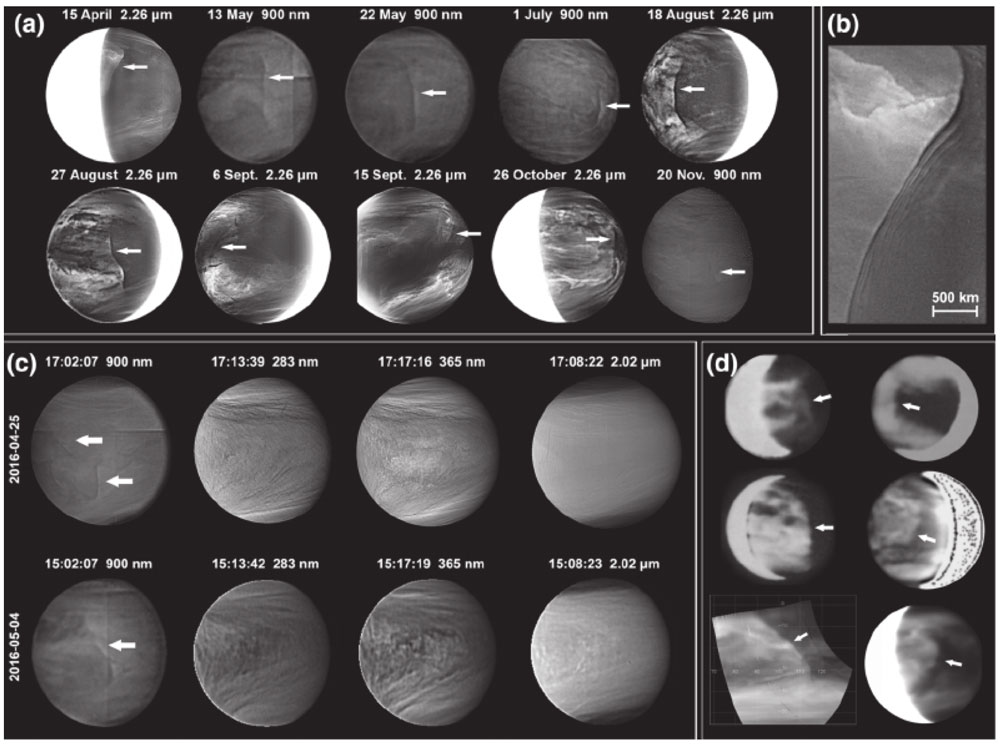 Les images de la sonde Akatsuki montrent la présence d’une déchirure dans les couches nuageuses internes de Vénus (a) et (b). Elles sont absentes à plus haute altitude (c). On peut en retrouver la trace sur des images prises entre 1983 et 2006 (d). © Jaxa