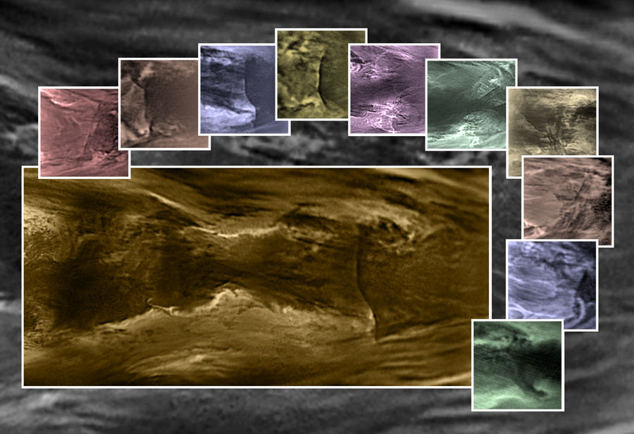 Le « mur de nuages » est visible sur cette image composite (en grand en bas à gauche), tandis que son évolution entre août 2016 et décembre 2018 montre sa récurrence (petites images). © Jaxa