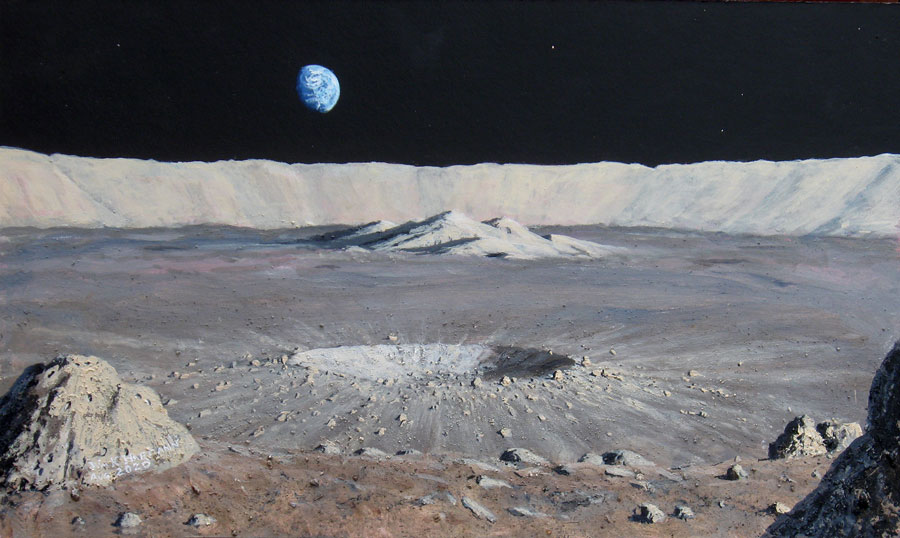 Au premier plan, un cratère rayonnant, dans un autre second cratère plus vaste. Paysage lunaire peint par William Hartmann en août 2020. Courtesy W. Hartmann