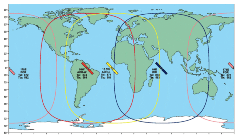 Zones couvertes par les quatre satellites géostationnaire Inmarsat en 2014.