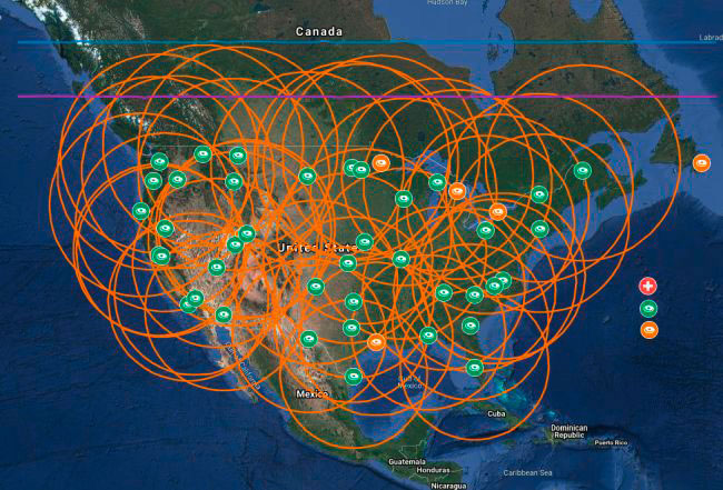Cette carte amateur des stations terrestres Starlink aux Etats-Unis illustre la logique de maillage du territoire mise en œuvre par l'opérateur. DR