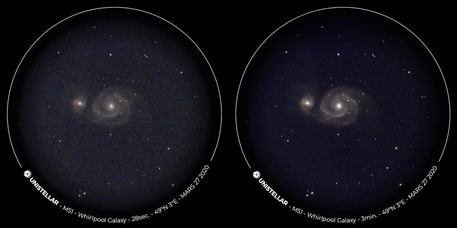 L’eVscope peut aussi prendre des photos (peu résolues). Ici, M 51 vue au bout de 28 s à gauche et 3 min à droite sous un bon ciel. © J.-L. Dauvergne/C&E