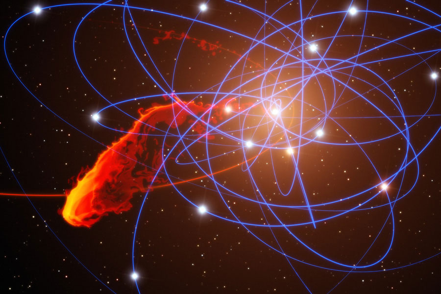 Les trajectoires de 17 étoiles toutes proches de SgarA* ont été étudiées pour mieux comprendre la nature de Sgra*. Illustration : DR
