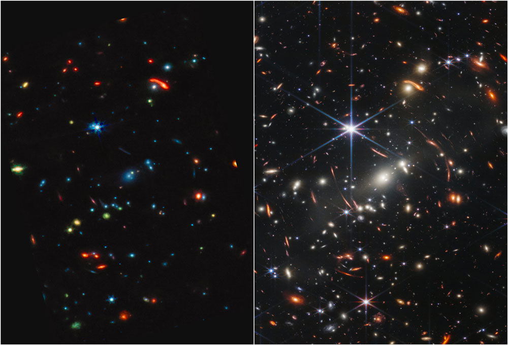 Le premier champ profond du télescope Webb (images MIRI et NIRCam côte à côte). © ESA/ESA/STSCI