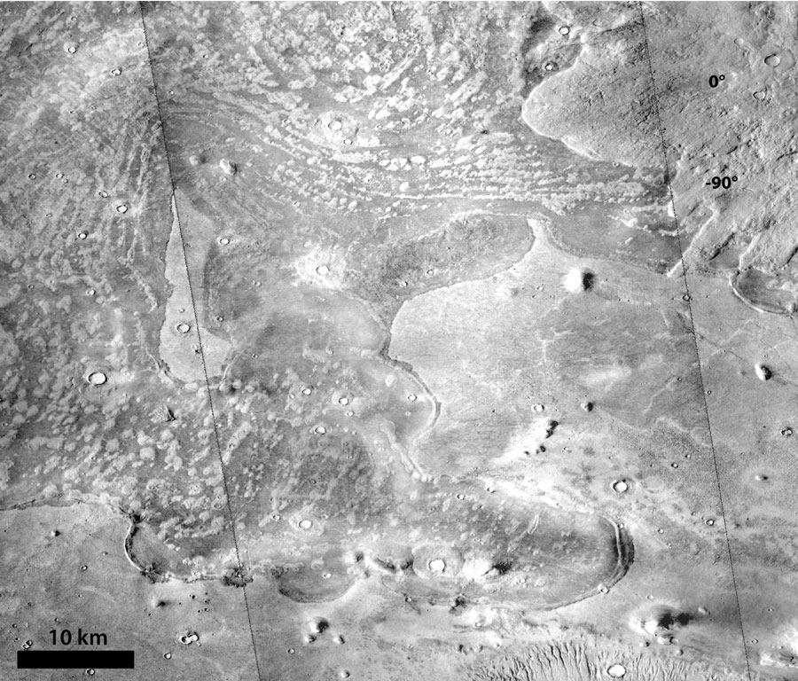 Ces dépôts lobés qui remontent les pentes sont les traces d'un gigantesque tsunami sur Mars. © Nasa/JPL/Univ. of Arizona