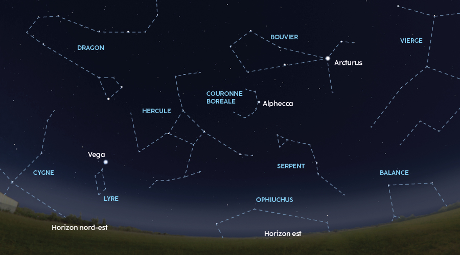 Cette carte vous indique où trouver la Couronne boréale, vers 23 h 30, fin mars 2024.