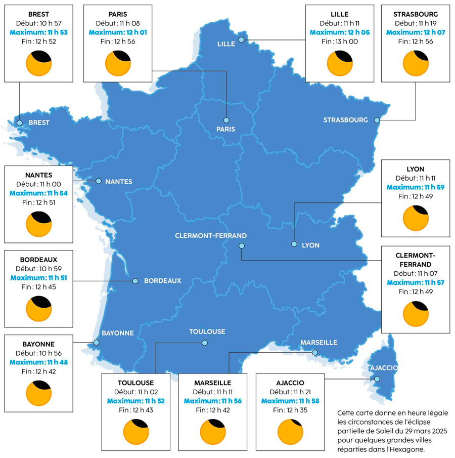 Carte de l’éclipse partielle de Soleil en France le 29 mars 2025. © Ciel & espace