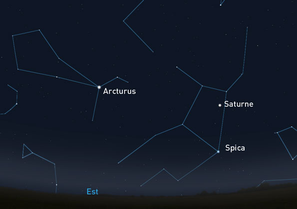 Saturne dans la constellation de la vierge, le 2 avril à 22h30. Crédit : Stellarium
