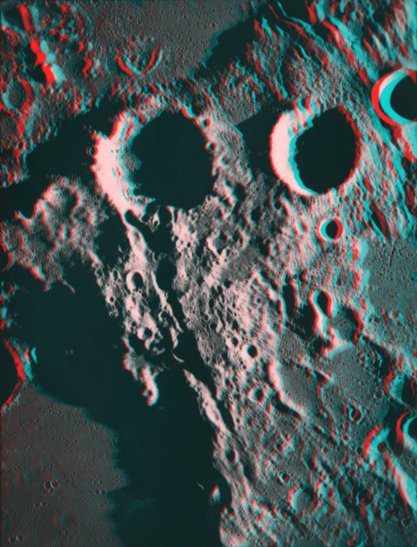 Cratères Halley, Hind, Ritchey et Albatenius par Apollo 16. Crédit : LPI (3D : P. Henarejos)