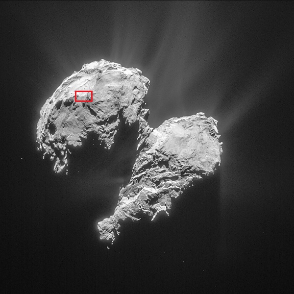 La comète Churyumov-Gerasimenko photographiée le 22 mars 2015. Philae se trouve dans la région encadrée en rouge. Crédit : ESA/Rosetta