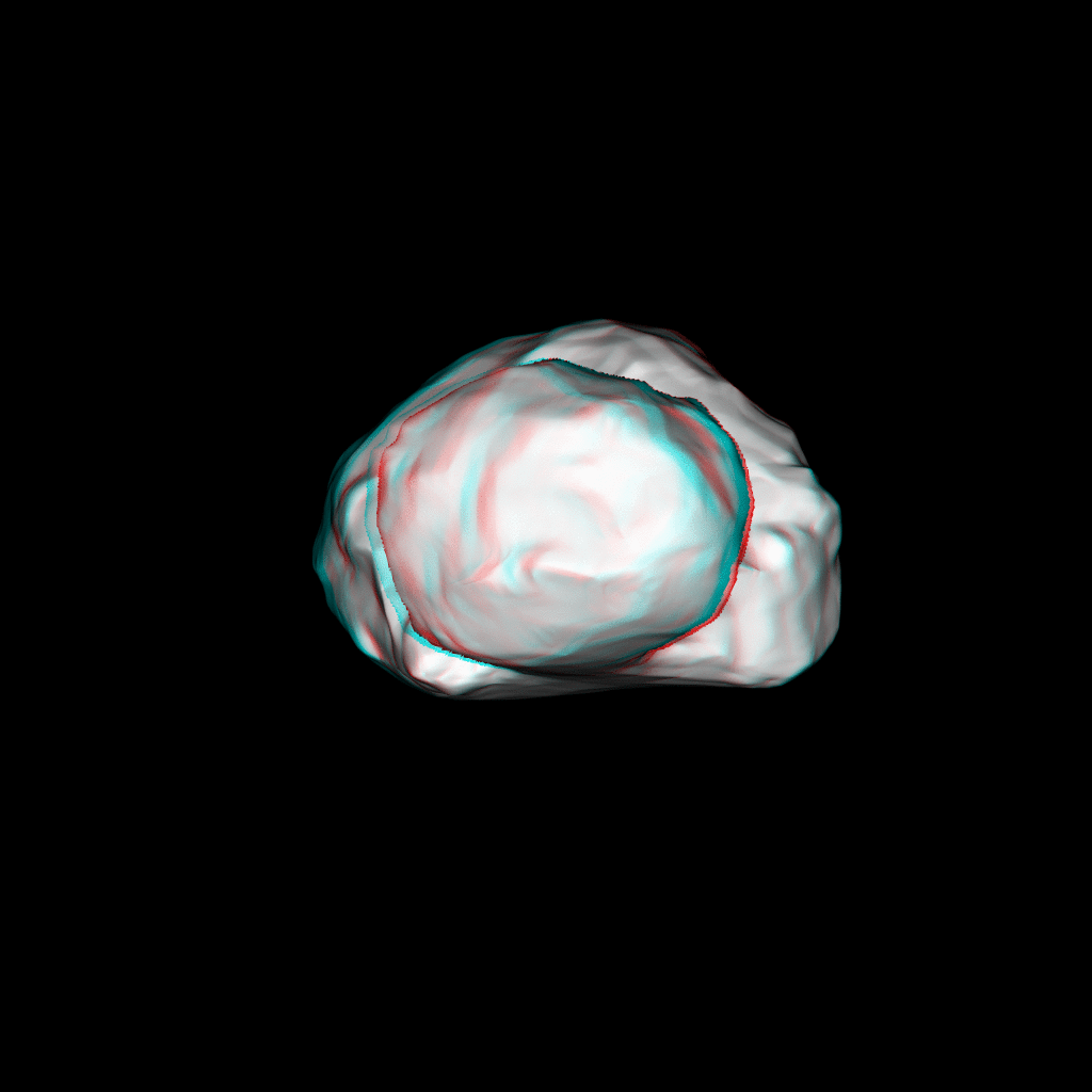 Modèle 3D de la comète Churyumov-Gerasimenko, en anaglyphes (relief). Crédit : ESA/Rosetta/MPS for OSIRIS Team MPS/UPD/LAM/IAA/SSO/INTA/UPM/DASP/IDA