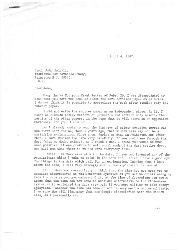 Lettre de Moti Milgrom à John Bahcall en 1982 (1/3). Crédit : M. Milgrom