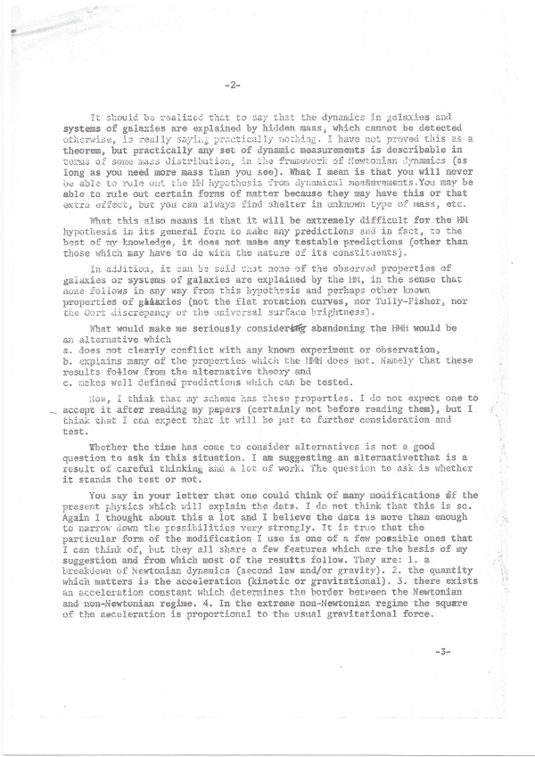 Lettre de Moti Milgrom à John Bahcall en 1982 (2/3). Crédit : M. Milgrom