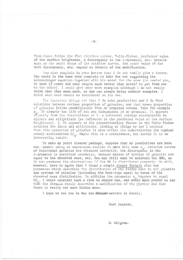 Lettre de Moti Milgrom à John Bahcall en 1982 (3/3). Crédit : M. Milgrom