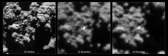 Trois photos de la même région prises les 22 octobre, 12 et 13 décembre par la caméra Osiris de Rosetta. Philae est-il cette petite tache blanche ? Crédit : ESA/Rosetta/MPS for OSIRIS Team MPS/UPD/LAM/IAA/SSO/INTA/UPM/DASP/IDA